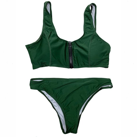 Army Green Scoop Neck Zip-Front Crop Top Bikini - Picture 8 of 16